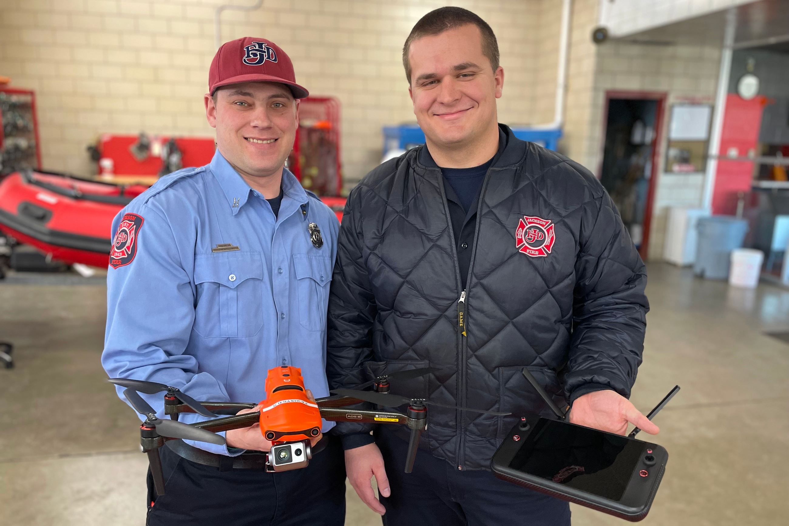 Capt. Shane Green (left) and Inspector Tyler Whitehead (right) of Jackson Fire Department with drone