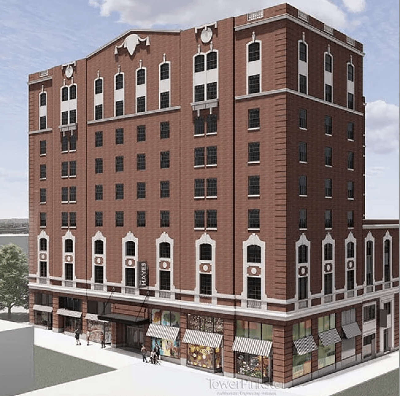 An artist rendering of a redeveloped red brick historic building with shops and people
