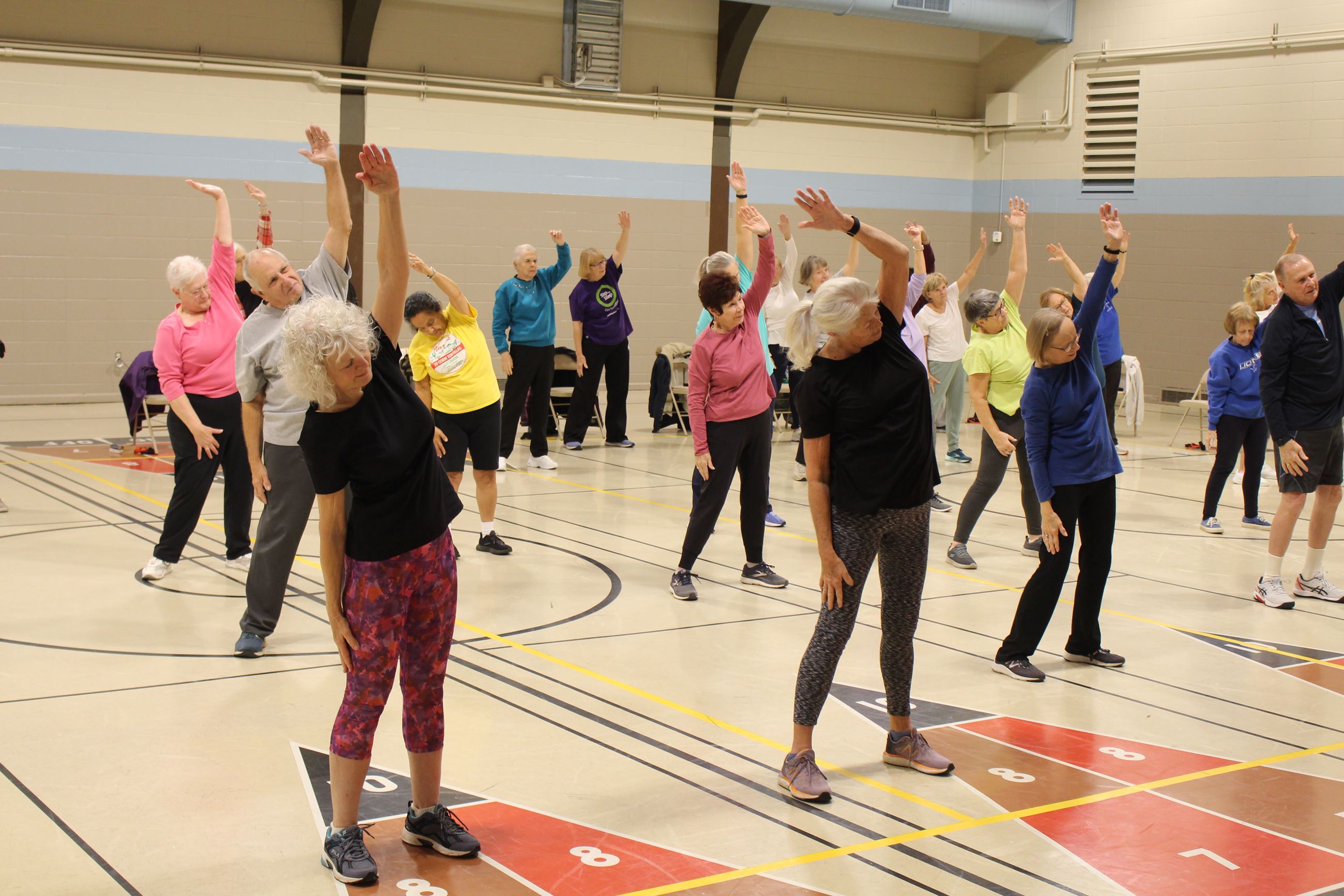 Senior citizens do exercise in a gym